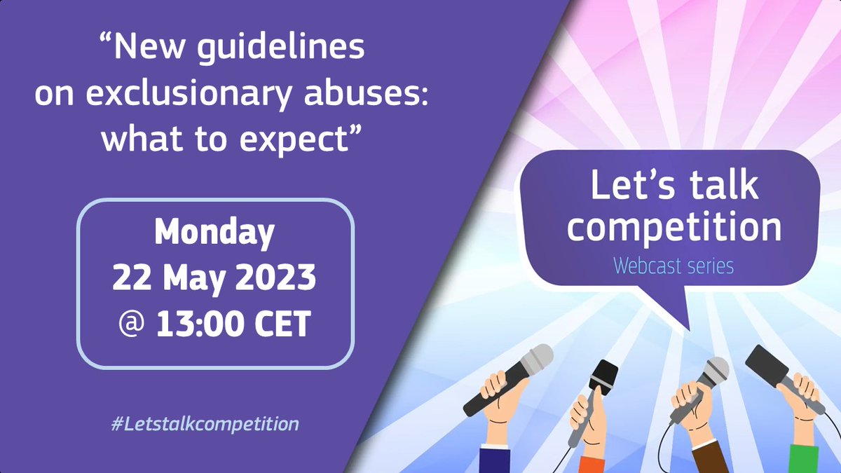 EU_Competition's tweet photo. ⏳ Only a few days left before the first #LetsTalkCompetition webcast episode!

Join us online and participate in the discussion ⬇ 

📅 Monday 22 May 2023, 
⏱️13:00 

📍 Online at the link below 
https://t.co/gYhSTyxDlB https://t.co/SVamNoYXfk