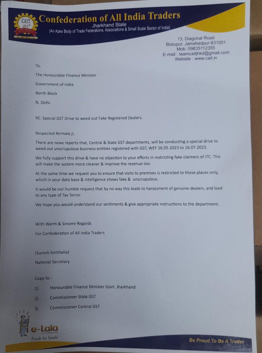 Fully support your GST clean up drive. Request that it does not end as a tax terror for genuine businessmen.<a href="/nsitharaman/">Nirmala Sitharaman</a> <a href="/PMOIndia/">PMO India</a> <a href="/PiyushGoyal/">Piyush Goyal</a> <a href="/JharkhandCMO/">Office of Chief Minister, Jharkhand</a> <a href="/CAITIndia/">Confederation of All India Traders (CAIT)</a>