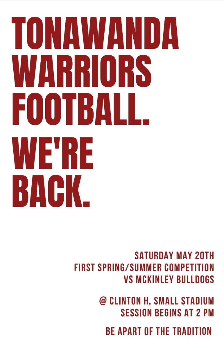 PLEASE SHARE! Happening this Saturday!

Our turf! Players should arrive at 2pm. This is a Varsity 7 on 7 only.

Any interested players must attend!

Go Warriors! 🏈 

<a href="/TonaWarriors/">Tonawanda Athletics</a> <a href="/TonawandaCSD/">Tonawanda City Schools</a>
