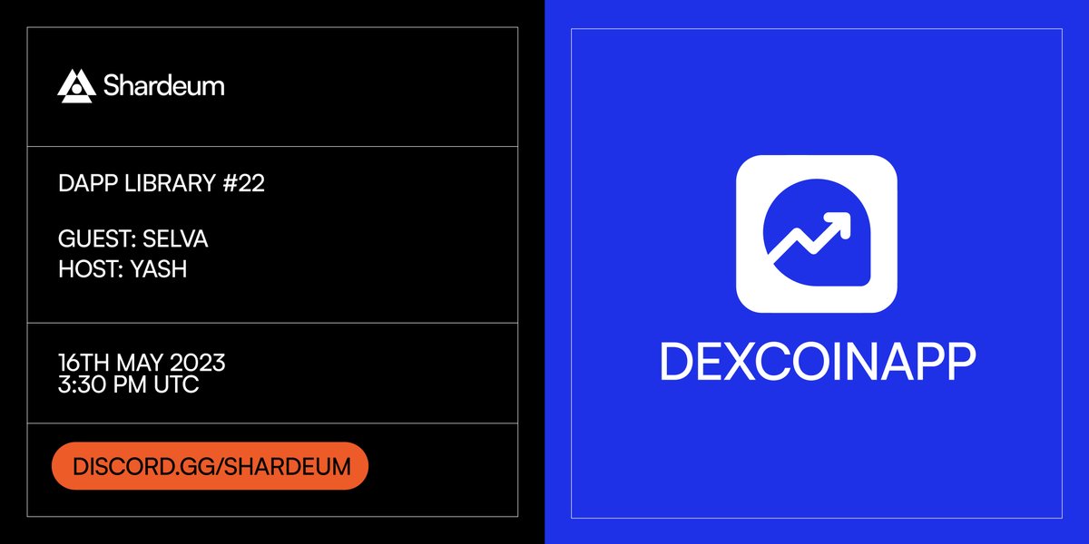 shardeum's tweet image. #DappLibrary #22: @dexcoin_app
 
@yashjhade meets @selvakumar_eth to discuss connecting DEXes on different blockchains in one app &amp;amp; improving DeFi interactions with a simple, fast &amp;amp; secure interface.

Tune in today at 3:30 PM UTC! #BuildWeb3 🚀

🔗 discord.gg/shardeum