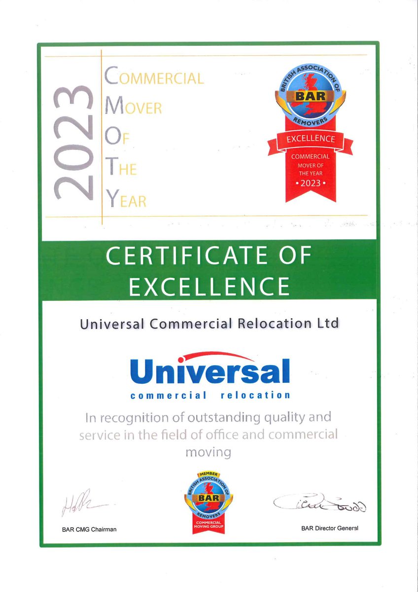 universal_comm's tweet image. Delighted to announce that Universal received a Certificate of Excellence "in recognition of outstanding quality and service in the field of office and commercial moving" at the recent British Association of Removers Annual Conference @BARremovers @cmg_bar #removals #relocation