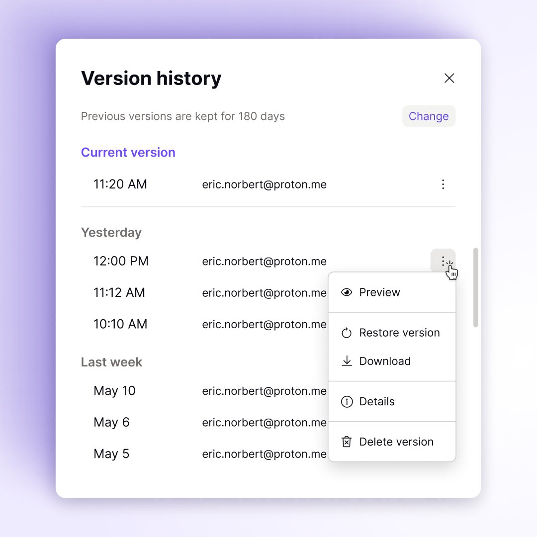 ProtonDrive's tweet photo. Now you can restore an older version of any file in #ProtonDrive. It not only protects you from accidental file changes but ransomware, too. This is also the first step towards collaborative sharing &amp; editable docs -- stay tuned for more updates soon.

https://t.co/KvXBFEJVxm https://t.co/DBxEqF94ys