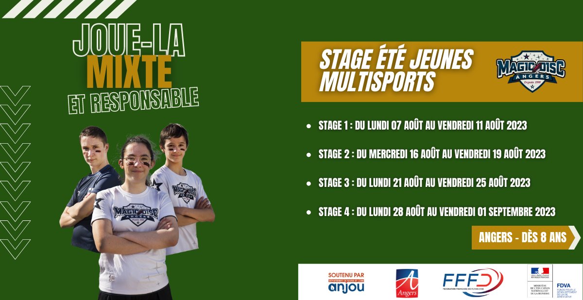 MagicDiscAngers's tweet image. Les inscriptions pour les stages été continuent 😉

Alors n'hésitez plus pour inscrire votre enfant à l'un des 4 stages du mois d'août 👇🏻

magicdiscangers.com/stage-multi-sp…

#Angers #ultimate #Sport #stageété