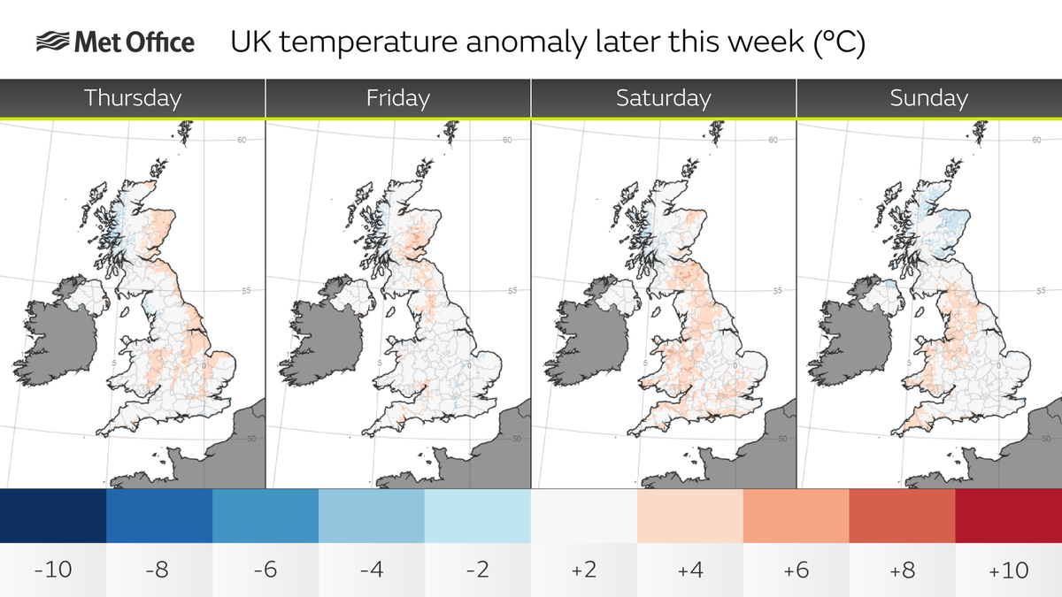 metoffice's tweet photo. This week will see plenty of sunshine and warmth for many, especially in the south.

However, the map below shows differences compared to average for later this week, so it’s not a heatwave. It could reach around 20C for some.

So where are the headlines coming from?

🧵 https://t.co/ECqM2wbNcZ