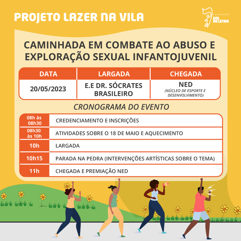 ✴ A semana do 18 de maio contará com ações de mobilização contra a violência sexual em todo o país.

Aqui na Gol de Letra SP, vamos promover uma caminhada de conscientização sobre o tema no sábado de manhã. Vamos? 🏃♀

Te esperamos lá! #FelizDeQuemParticipa