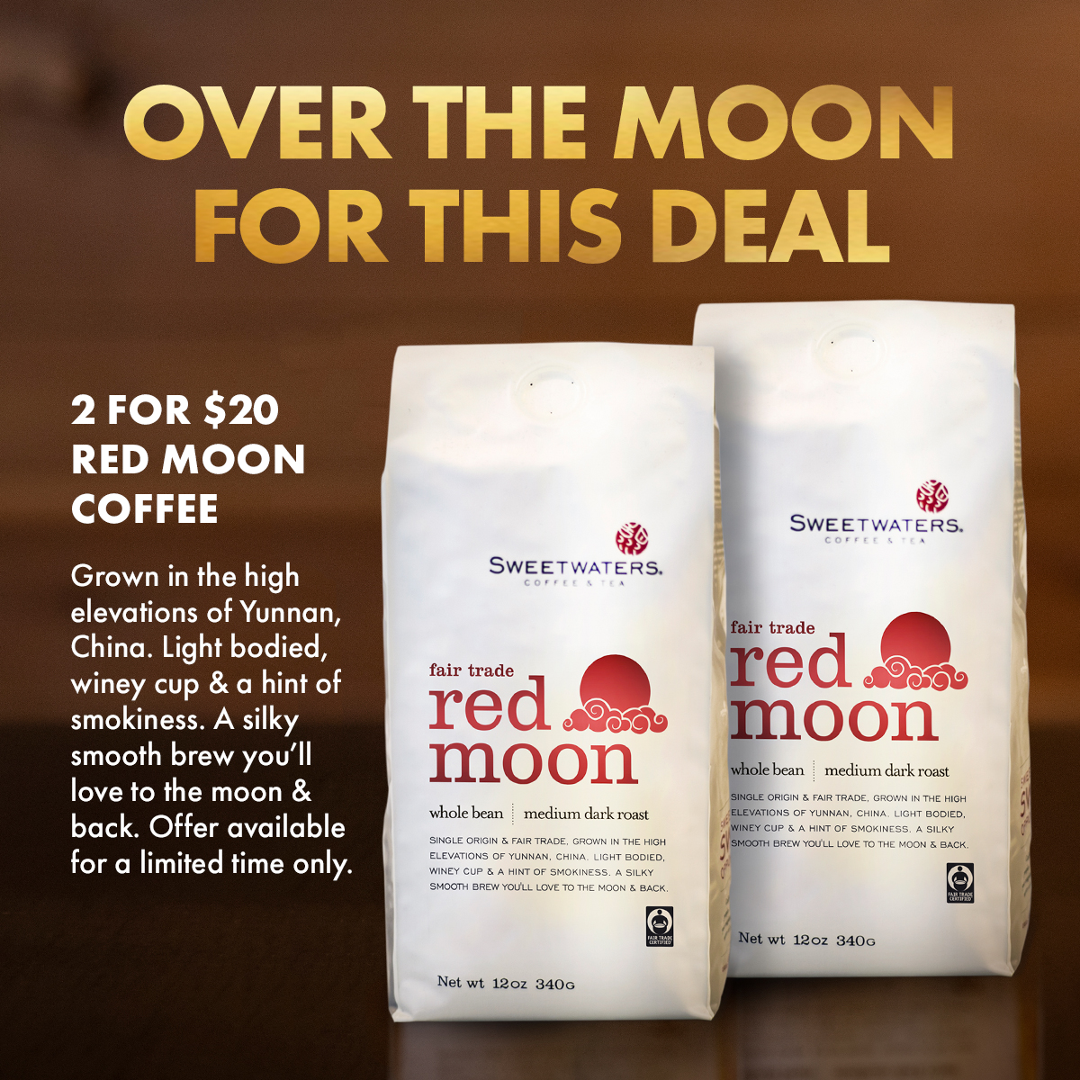 Sweetwaters's tweet image. 2 for $20 Red Moon Coffee! Grown in the high elevation of Yunnan, China. Light bodied, winey cup &amp;amp; a hint of smokiness. Stop by the cafe for this limited-time offer