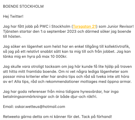 Söker boende i Stockholm till hösten!

Retweeta gärna. Det uppskattas🤝