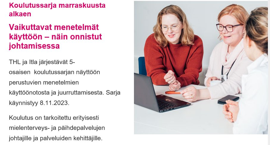 OLinnaranta's tweet photo. Osaamista implementointiin @THLorg @ItlaSaatio @Kasvuntuki uusii johtajien implementaatiokoulutussarjan, joka toteutettiin vuonna 2022. https://t.co/F3tKFO6CcS. #implementaatio #mielenterveys #päihde #palvelut #NäinOnnistut #mielenterveysjohtaminen https://t.co/XHyYurhstZ