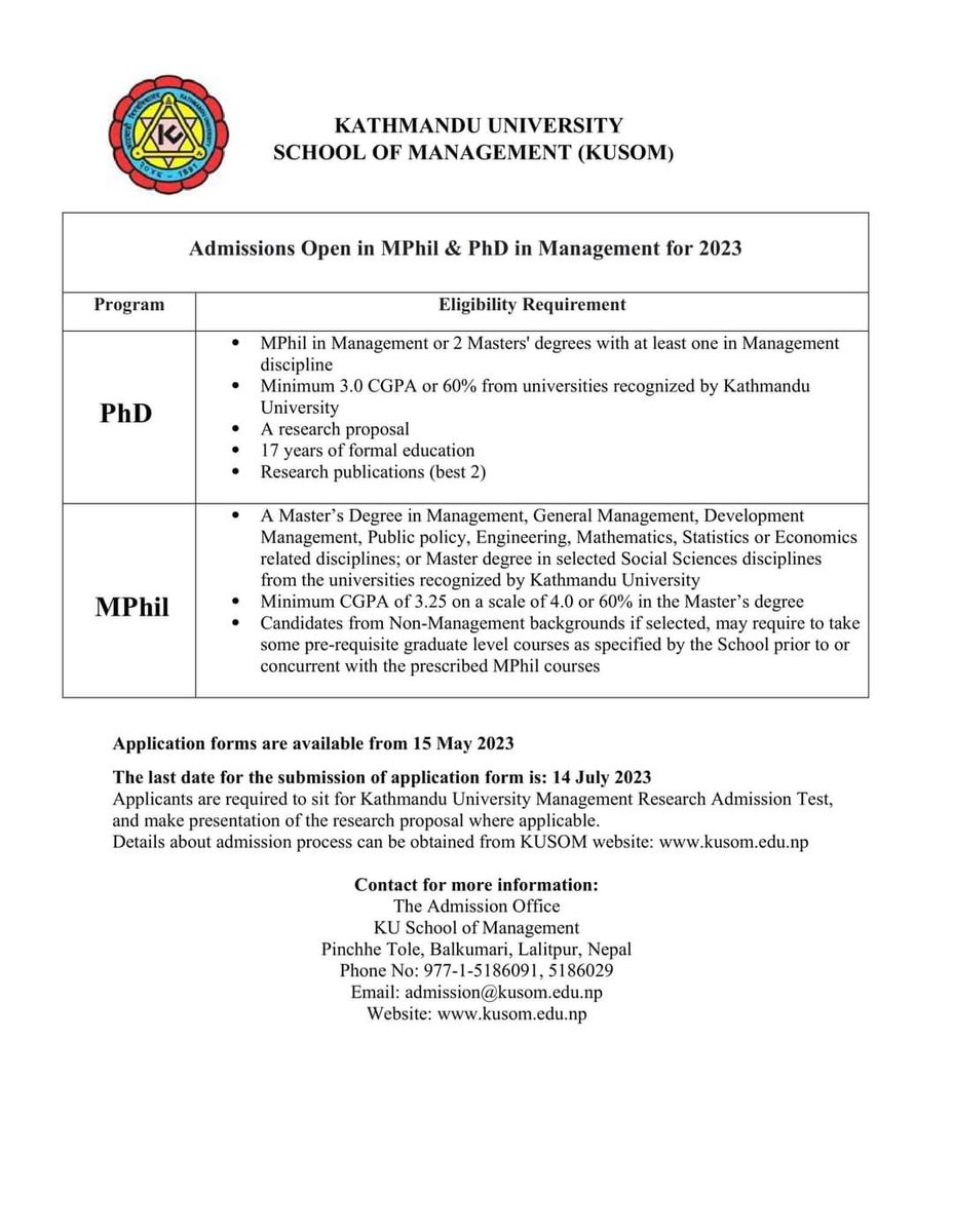 NewModelEdu's tweet photo. Admissions Open in MPhil &amp; PhD in Management for 2023

#Admisssions #KU #Masters #MPhil #PHD #Nepal #NMEF #KUSOM https://t.co/emX697JOnM