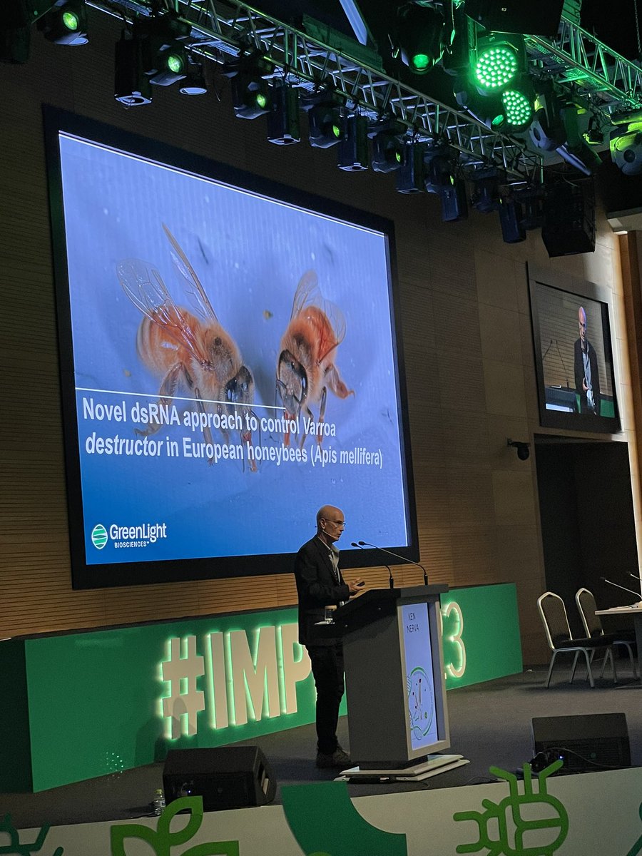 MahmutTor's tweet photo. Ken Narva, GreenLight Biosciences, describing the use of dsRNA against varroa, mite, in honeybees #IMPPC2023 https://t.co/wd4WaT4FVD