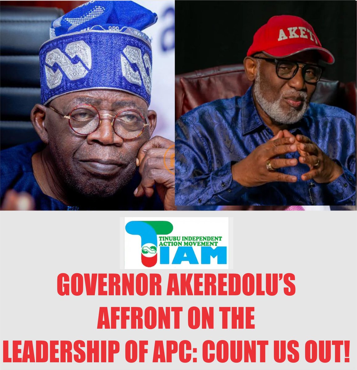 AdamsDesign01's tweet photo. *TINUBU INDEPENDENT ACTION MOVEMENT (TIAM)*

_Press Release_

Tuesday 16th May, 2023 

Governor Akeredolu's Affront on the leadership of APC: Count us out

On 10th May, 2023, Governor Rotimi Akeredolu of Ondo State released a press statement in which he rejected and condemned https://t.co/lITZPkW4sK