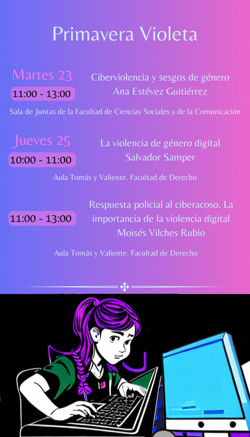 IUEM_ULL's tweet photo. Ya tenemos programa para la Primavera Violeta, que se celebrará los próximos 23 y 25 de mayo y que estará centrada en la Ciberdelitos y la violencia digital de género.  Será en el campus de Guajara de la @ULL  Les dejamos aquí el programa para que compartan y asistan. https://t.co/Y2qjaIRdXP