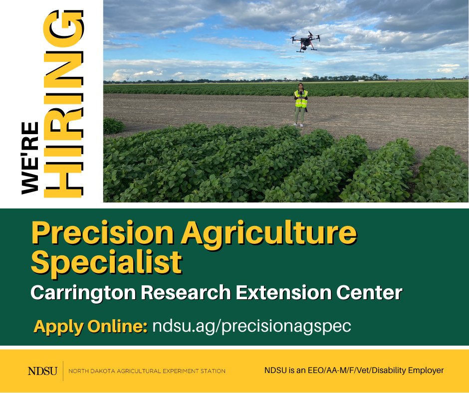 Precision Ag Specialist <a href="/NDSU/">North Dakota State University</a> Carrington Research Extension Center
Apply: bit.ly/42EcT7a