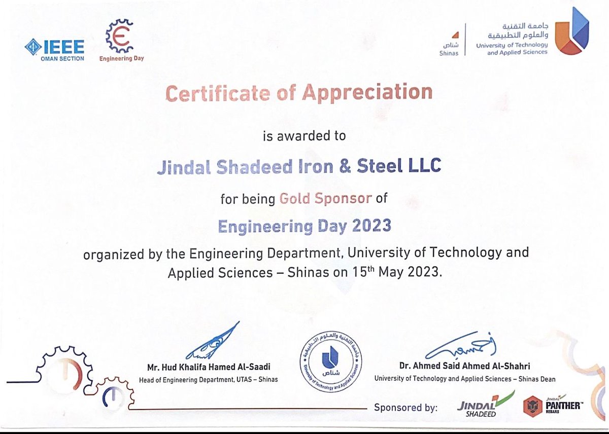 JindalSteel_Om's tweet photo. #Jindal_Shadeed participated in the #Engineering_Day held at the University of Technology and Applied Sciences-Shinas, by sponsoring the event and evaluating the projects participating in the competition
#utas_shinas
#omanmohe
#batinahn_gov https://t.co/2Cetnox4jL