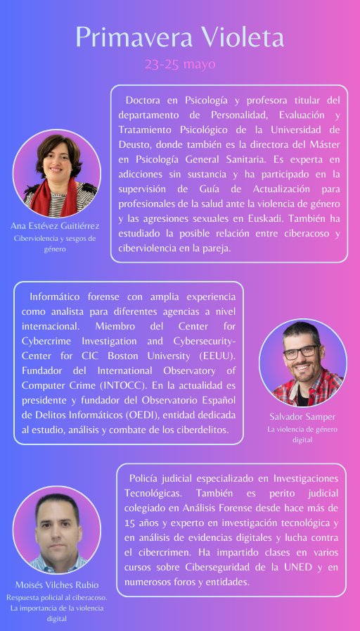 Ya tenemos programa para la Primavera Violeta, que se celebrará los próximos 23 y 25 de mayo y que estará centrada en la Ciberdelitos y la violencia digital de género.  Será en el campus de Guajara de la <a href="/ULL/">Universidad de La Laguna</a>  Les dejamos aquí el programa para que compartan y asistan.
