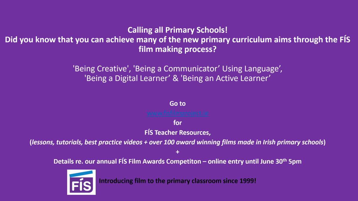 FisFilm's tweet photo. 📢all primary schools! FÍS Film Awards competition is open for entries 'til Fri June 30th 2023 5pm Enter online at the website. The film making process enables pupils achieve aims of the new primary schools curriculum framework #creativity #communication #language #digitallearner https://t.co/CW4c7BU2Jp