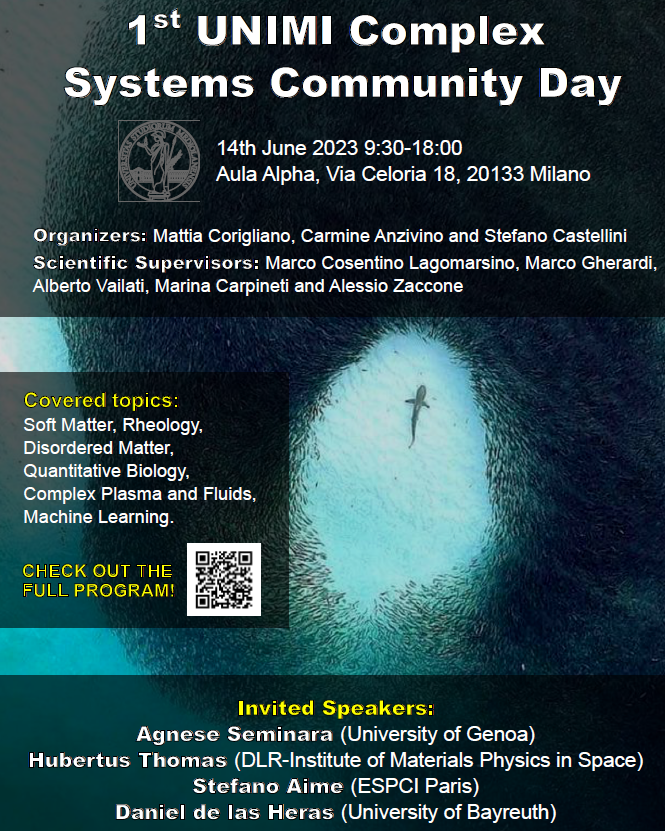 ZacconeAlessio's tweet photo. Glad to announce the 1st Milan Workshop on the #Physics of #Complex Systems @LaStatale with many talks on statistical physics, soft matter, AI, biophysics, disordered systems, plasma physics,  from all over Europe. @albvai @SZapperi @GuidoTiana @AgneseSeminara @esmectico https://t.co/u5IFGVrJhw