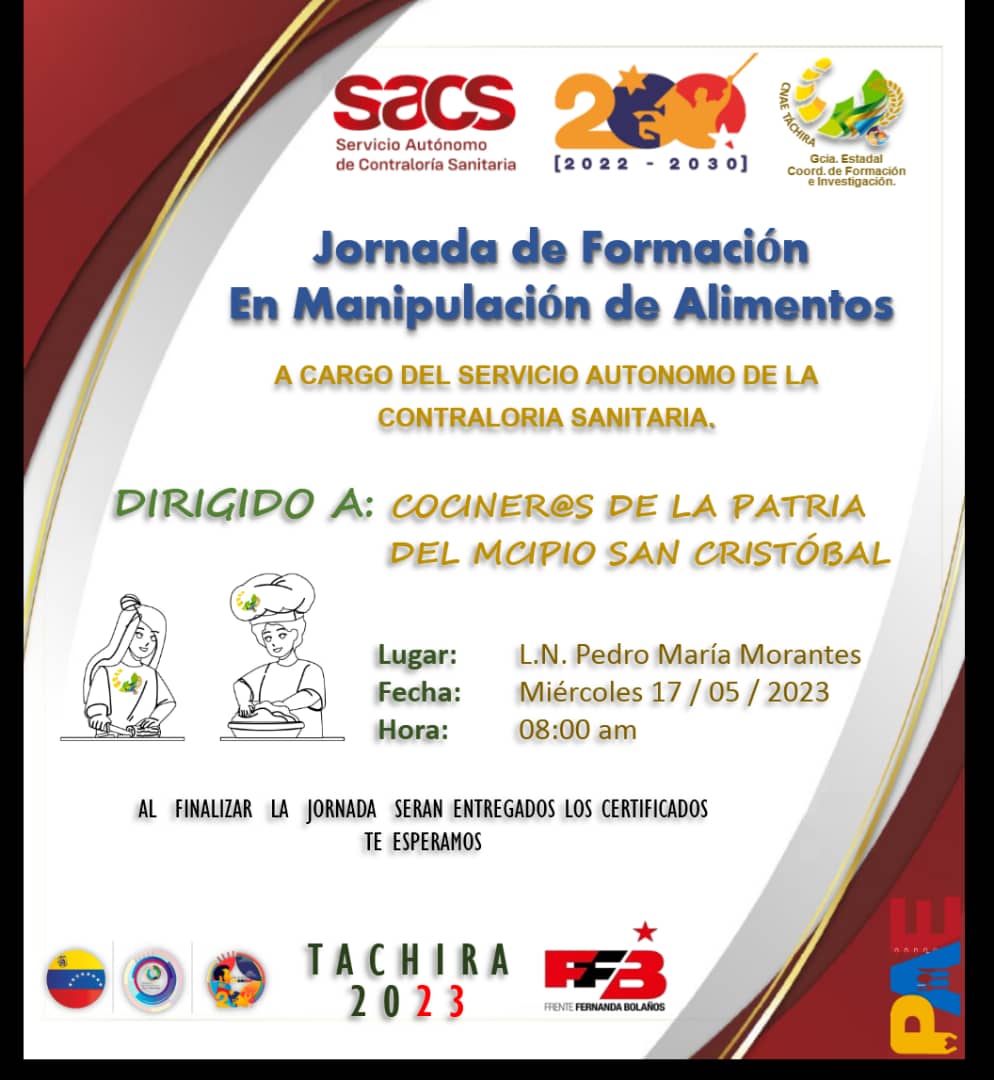Mañana miércoles 17/05/2023 a las  08:00am en la sede del Liceo Pedro María Morantes, se dictará una Jornada de Formación en Manipulación de Alimentos para Todas las Cocineras de la Patria del municipio San Cristóbal
<a href="/_LaAvanzadora/">Yelitze Santaella</a> <a href="/cnaeoficial/">cnaeoficial</a> <a href="/CnaeTachira/">Cnae_tachira</a> <a href="/pedrodiazg59/">Pedro Diaz</a>