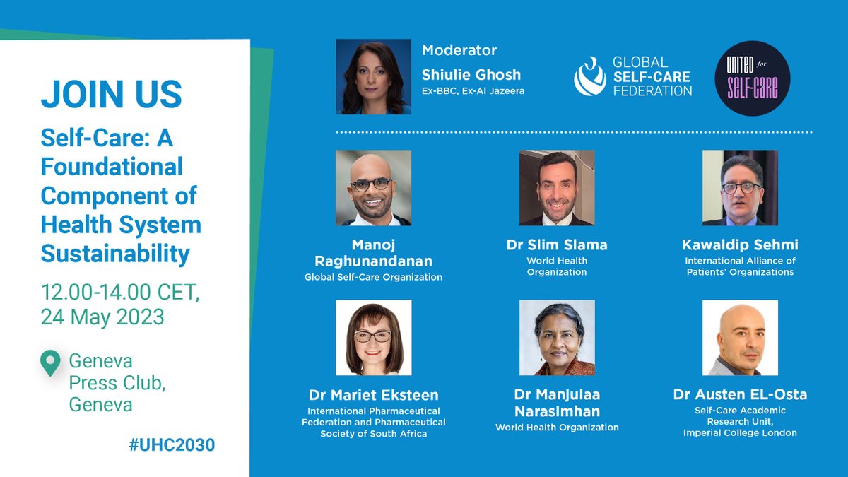 The Global Self-Care Federation (@selfcarefed_org) on Twitter photo ONE WEEK to go to discover why #selfcare is key to the achievement of UHC with:
🗣️<a href="/moeraghu/">Manoj Raghunandanan</a>
🗣️ <a href="/docfromtheblock/">Slim Slama</a>
🗣️ <a href="/Ksehmi5/">Ksehmi</a>
🗣️ <a href="/MarietEksteen/">Mariet Eksteen</a>
🗣️ @MNarasimhan_WHO
🗣️ <a href="/austenelosta/">austen el-osta</a>
👉Moderated by <a href="/hackhound/">Hackhound</a>
📍12:00-14:00, 25 May
▶️Register now: bit.ly/united4selfcare
#WHA76 ONE WEEK to go to discover why #selfcare is key to the achievement of UHC with:
🗣️<a href="/moeraghu/">Manoj Raghunandanan</a>
🗣️ <a href="/docfromtheblock/">Slim Slama</a>
🗣️ <a href="/Ksehmi5/">Ksehmi</a>
🗣️ <a href="/MarietEksteen/">Mariet Eksteen</a>
🗣️ @MNarasimhan_WHO
🗣️ <a href="/austenelosta/">austen el-osta</a>
👉Moderated by <a href="/hackhound/">Hackhound</a>
📍12:00-14:00, 25 May
▶️Register now: bit.ly/united4selfcare
#WHA76