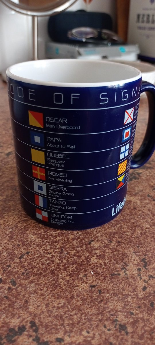 SamuelDay113's tweet photo. @HMSScotia A = Divers below
B = Yes
C = Pilot Embarked
D = Man Over board
Thanks to RNLI for the mug. Knew it would come in useful some day. https://t.co/FvXdGG76a3