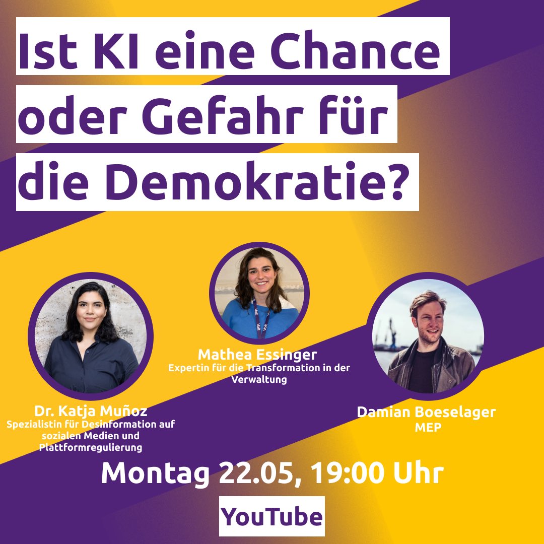 Ob #KI eine Gefahr für unsere #Demokratie darstellt, werden wir am 22. Mai um 19 Uhr mit <a href="/d_boeselager/">Damian Boeselager</a> und Dr. Katja Muñoz debattieren. Schaltet auf YouTube ein! (2/2) voltdeutschland.org/veranstaltunge…