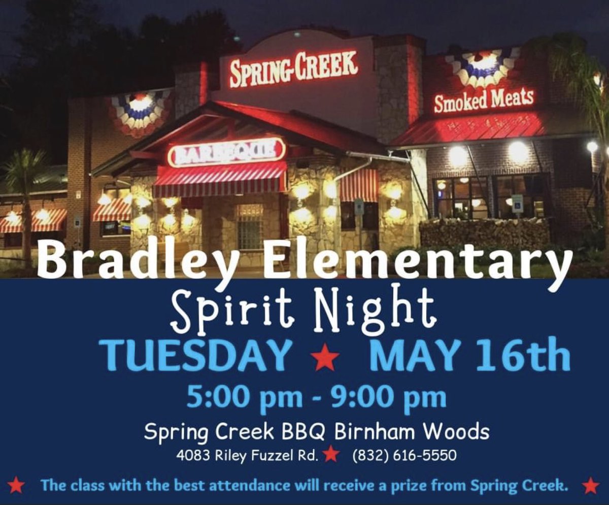 Be sure to join us for dinner tonight at Spring Creek, 5pm - 9pm. Remember the class with the best attendance will win a prize!  🐻💙