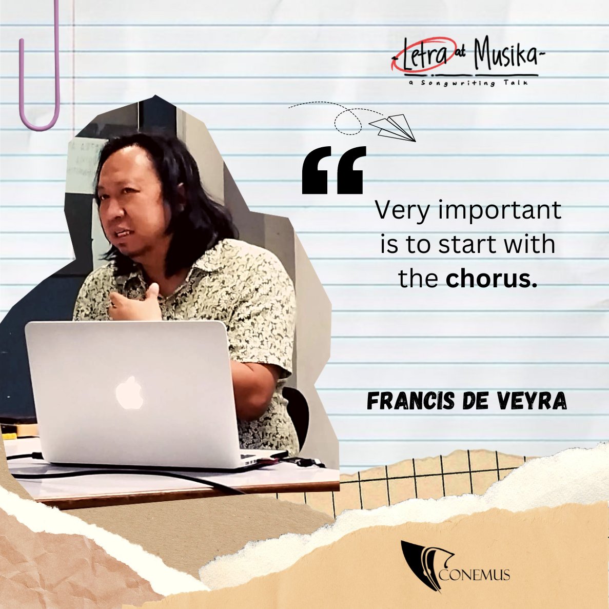 upconemus's tweet photo. From our second installment of “𝗟𝗲𝘁𝗿𝗮 𝗮𝘁 𝗠𝘂𝘀𝗶𝗸𝗮'' educational discussion series, Mr. Francis De Veyra highlights the factors that need to be considered for writing effective lyrics.

#UPConemus
#TakeOff
#SongwritingTalk https://t.co/tZZ6sXhxCk