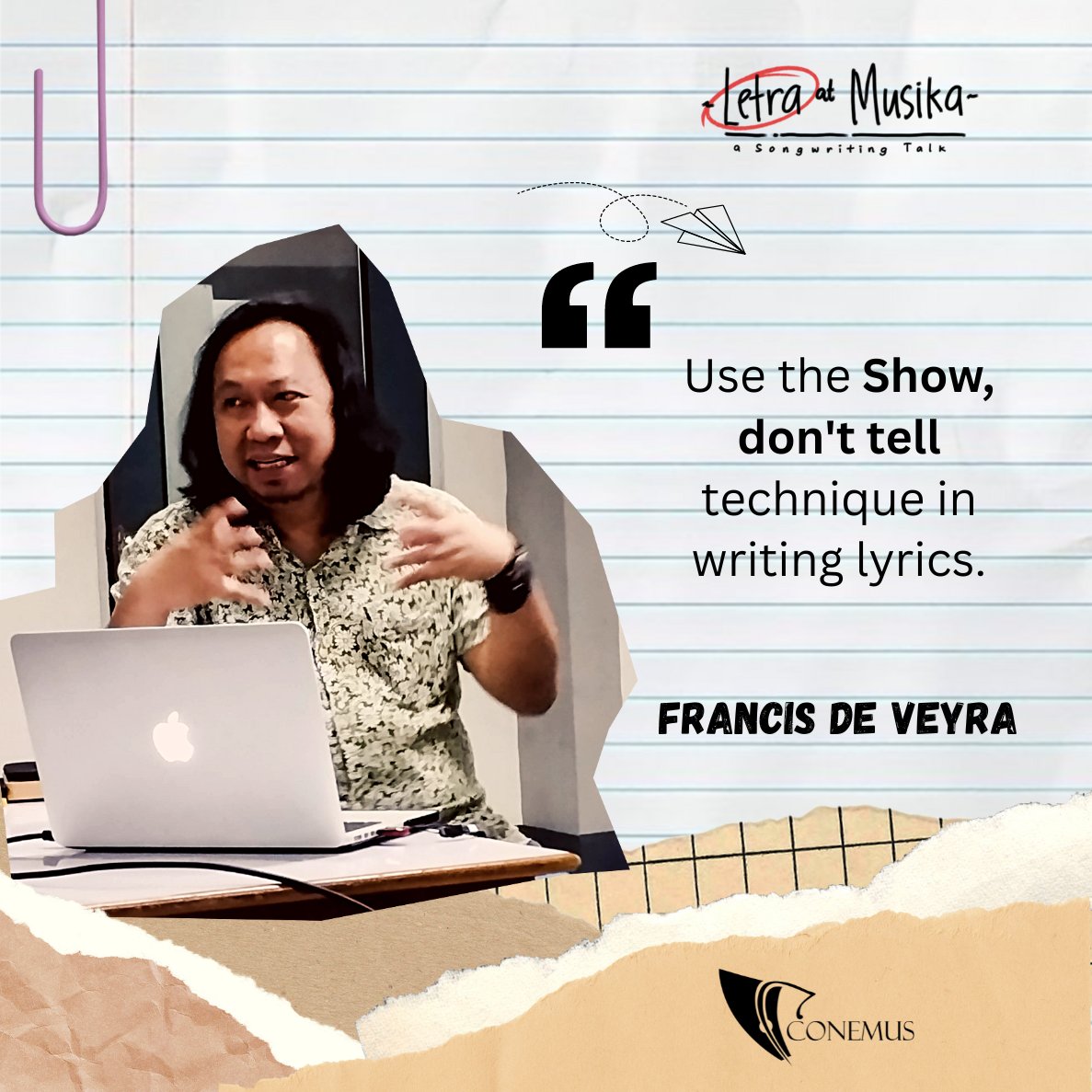 upconemus's tweet photo. From our second installment of “𝗟𝗲𝘁𝗿𝗮 𝗮𝘁 𝗠𝘂𝘀𝗶𝗸𝗮'' educational discussion series, Mr. Francis De Veyra highlights the factors that need to be considered for writing effective lyrics.

#UPConemus
#TakeOff
#SongwritingTalk https://t.co/tZZ6sXhxCk