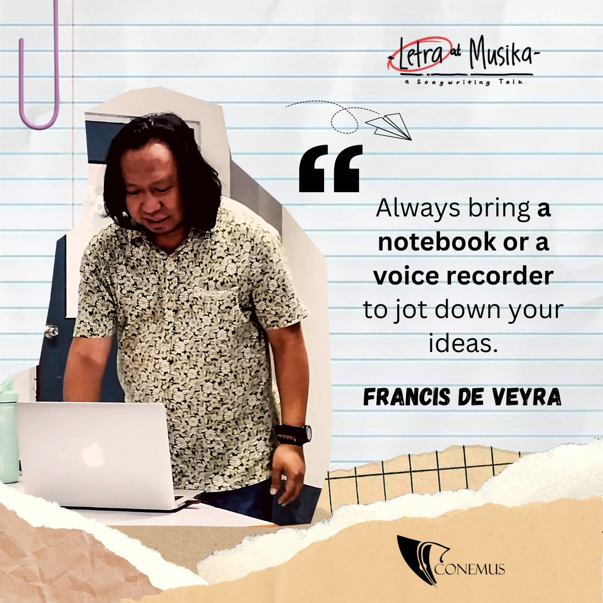 upconemus's tweet photo. From our second installment of “𝗟𝗲𝘁𝗿𝗮 𝗮𝘁 𝗠𝘂𝘀𝗶𝗸𝗮'' educational discussion series, Mr. Francis De Veyra highlights the factors that need to be considered for writing effective lyrics.

#UPConemus
#TakeOff
#SongwritingTalk https://t.co/tZZ6sXhxCk