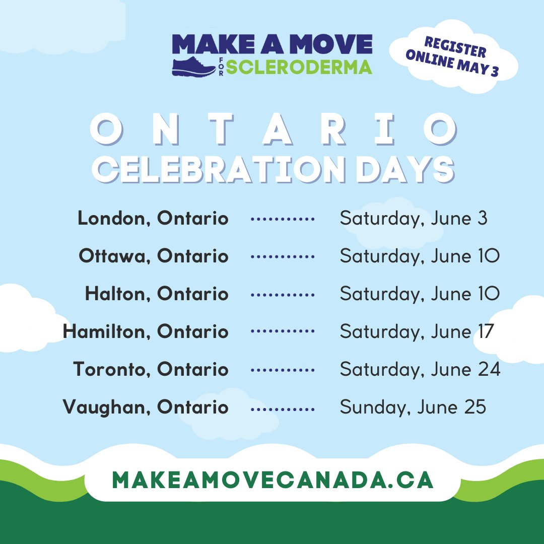 SclerodermaCAN's tweet image. Hey Ontario, we have six in-person celebrations coming up this June! Join us, or #MakeAMoveForScleroderma virtually throughout May & June. Invite your friends, families, medical professionals or colleagues. Visit MakeAMoveCanada.ca today for more details.