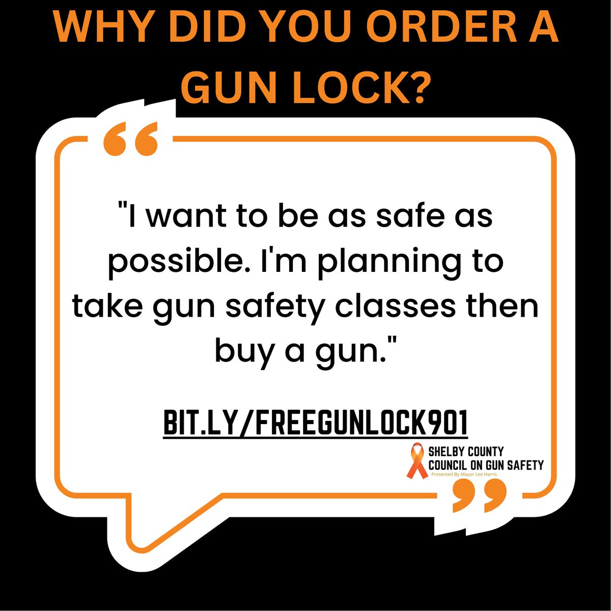 MayorLeeHarris's tweet photo. It's time to take action on gun safety. @ShelbyCoTN's free gun lock by mail program is a common-sense solution that could be adopted state-wide to keep guns out of the wrong hands. We continue to hear why you're ordering #FreeGunLocks at https://t.co/K7SoilhrD7. https://t.co/5D34vTXS8c
