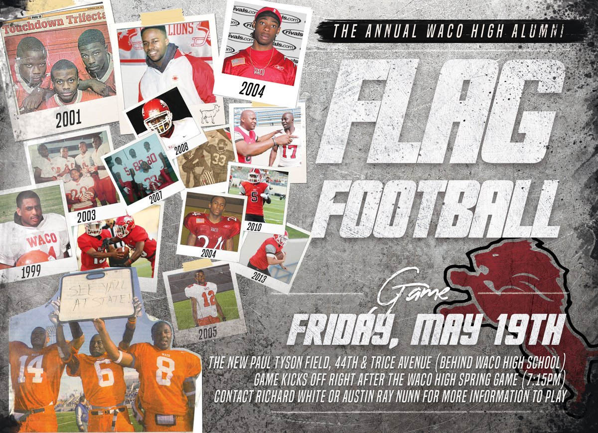 Waco High Football (@thewacohighlion) on Twitter photo We have a few spots left in our alumni game this Friday following the Red & White Spring Game! Contact Austin Nunn, Richard White, or Coach Heldt at Linden.Heldt@wacoisd.org to sign up.
#WinatWaco #LionPrideRunsDeep We have a few spots left in our alumni game this Friday following the Red & White Spring Game! Contact Austin Nunn, Richard White, or Coach Heldt at Linden.Heldt@wacoisd.org to sign up.
#WinatWaco #LionPrideRunsDeep