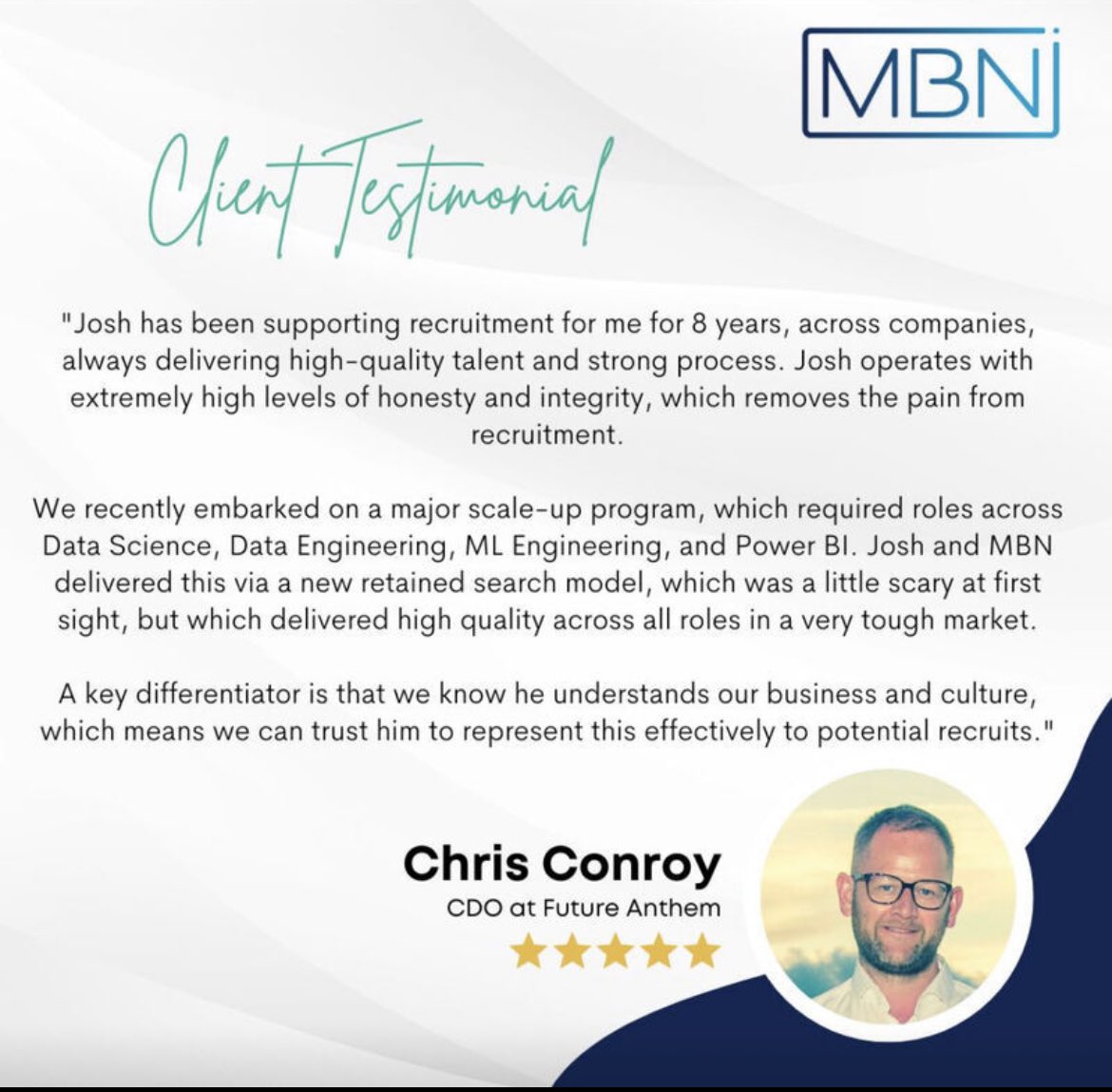 @mbnsolutions received a testimonial from a longstanding client who we recently helped hire a team of Data Engineers, Power BI Analysts, and Data Scientists as part of a retained data hiring project. #datascientists #team #project #powerbi #dataengineering #analytics #hiring