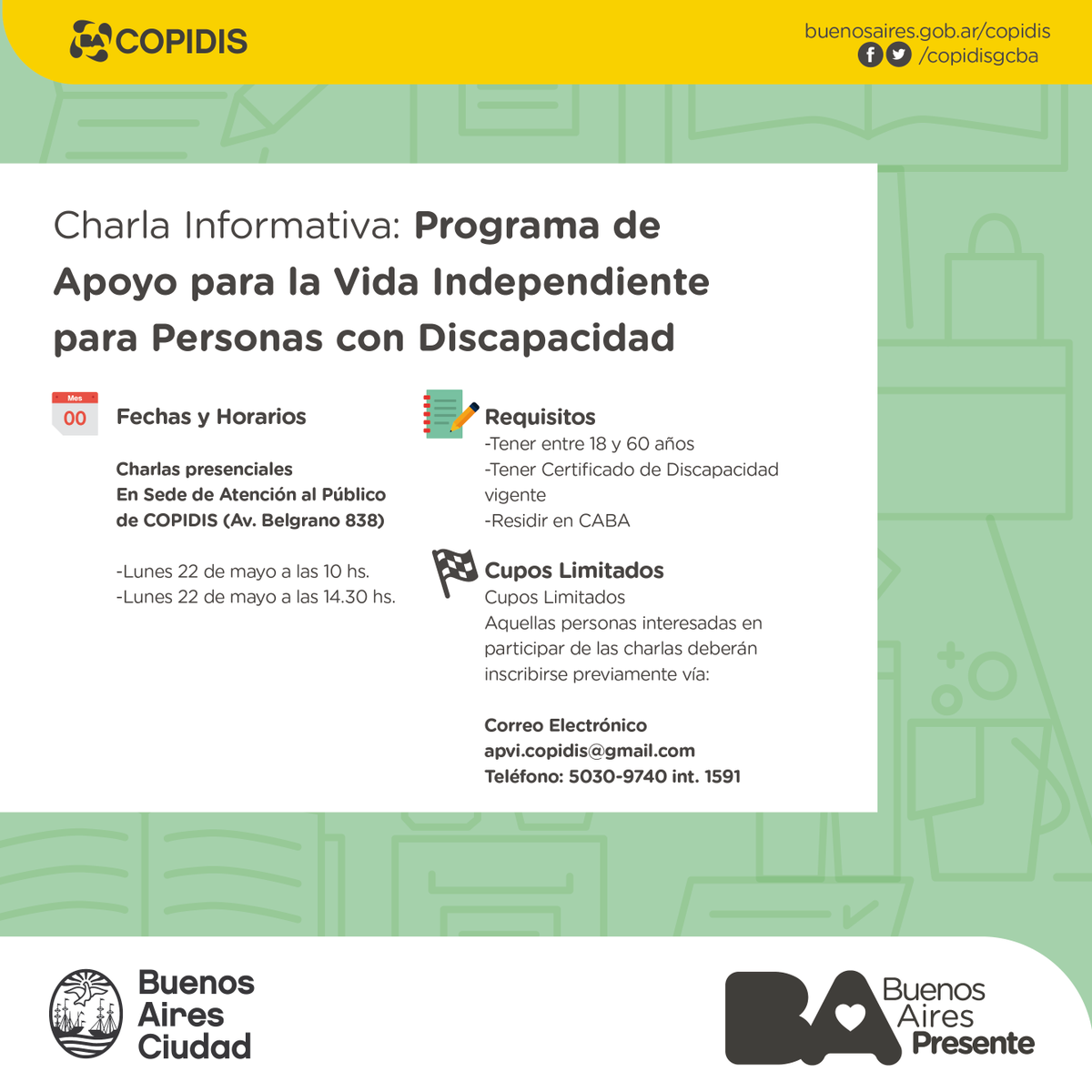 copidisba's tweet photo. 📢 | ¿Sabías que podés participar de una charla informativa sobre el programa de Apoyo para la Vida Independiente?
Será este lunes 22/05
ℹ Para más info sobre las charlas, fechas y encuentros visita: https://t.co/389xhioHn3
#APVI https://t.co/o4Y4fcgo1D