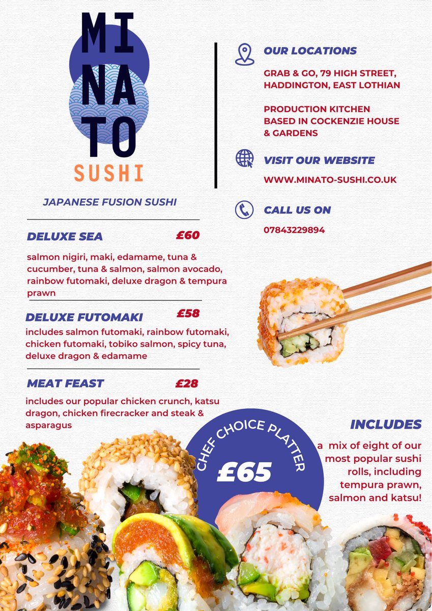 We’re often asked what platters people should order, but that really depends on what you’re after! 🍣 

Here is a list of our most popular options, whether you are new to sushi or love your seafood! 🍤 

#sushi #eastlothian #sushidelivery #foodie