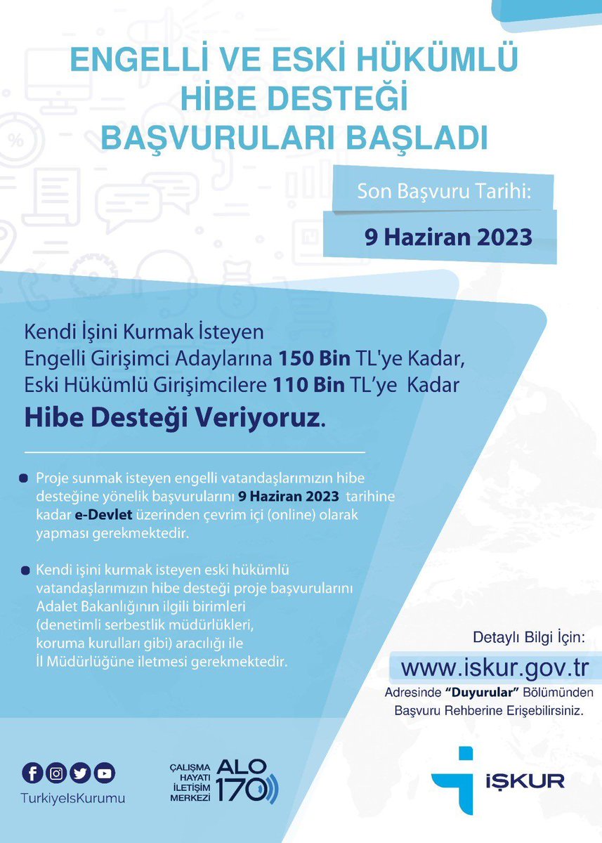 📢Engelli ve Eski Hükümlü Hibe Desteği Başvuruları Başladı.

🗓️Son Başvuru Tarihi: 9 Haziran 2023
 
Detaylı Bilgi İçin:
🔗l24.im/dI6lTq
<a href="/TurkiyeIsKurumu/">İŞKUR</a>
#engelli #eskihükümlü #işkur #hibe #teşvik