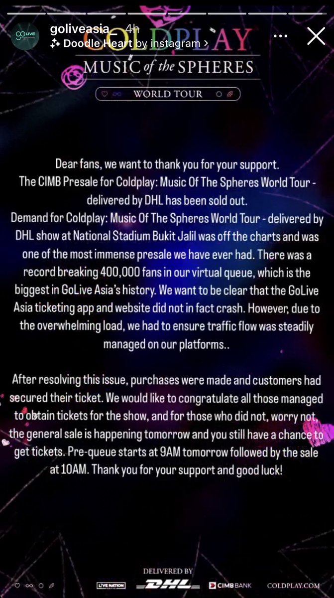 ColdplayMsia's tweet photo. Statement from GoLive utk CIMB Cardholders pre-sale tadi. 

We go again tomorrow guys! Jangkaan admin mungkin ada additional show announcement lepas 1st show dah sold out, ini jangkaan sahaja just standby for any updates from organiser.

Good luck and all the best for tomorrow! https://t.co/LcYrScL1sq