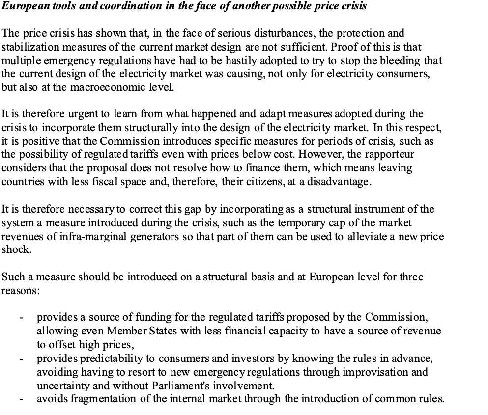 The EU rapporteur <a href="/nicogoncas/">Nicolás González  Casares</a> for the electricity market design reform plans to establish price caps for renewables (wind, solar) as structural tool to offset periods off high prices. This could turn out as major blow to the EU renewables market if it goes through like that