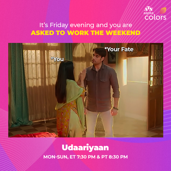 It’s at that point when you realize that your mental health is hanging on by the last thread.
Watch #Udaariyaan, Mon-Sun, ET 7:30 PM &amp; PT 8:30 PM

#VivianDsena #FridayFeels #FridayMood #Canada #AapkaColorsCanada #AapkaColors