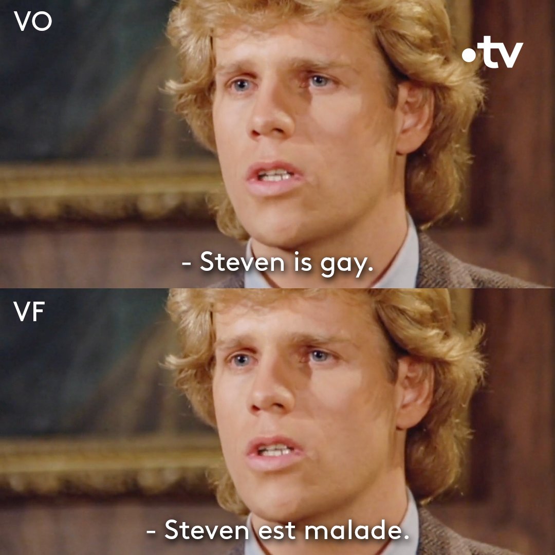 AnciencompteFTV's tweet photo. En 1981, l'homosexualité est encore considérée comme une pathologie mentale en France. 

L'homophobie ambiante influence même la traduction des séries, comme dans cette séquence de "Dynasty" (1/2) https://t.co/p1drQZD4Wu