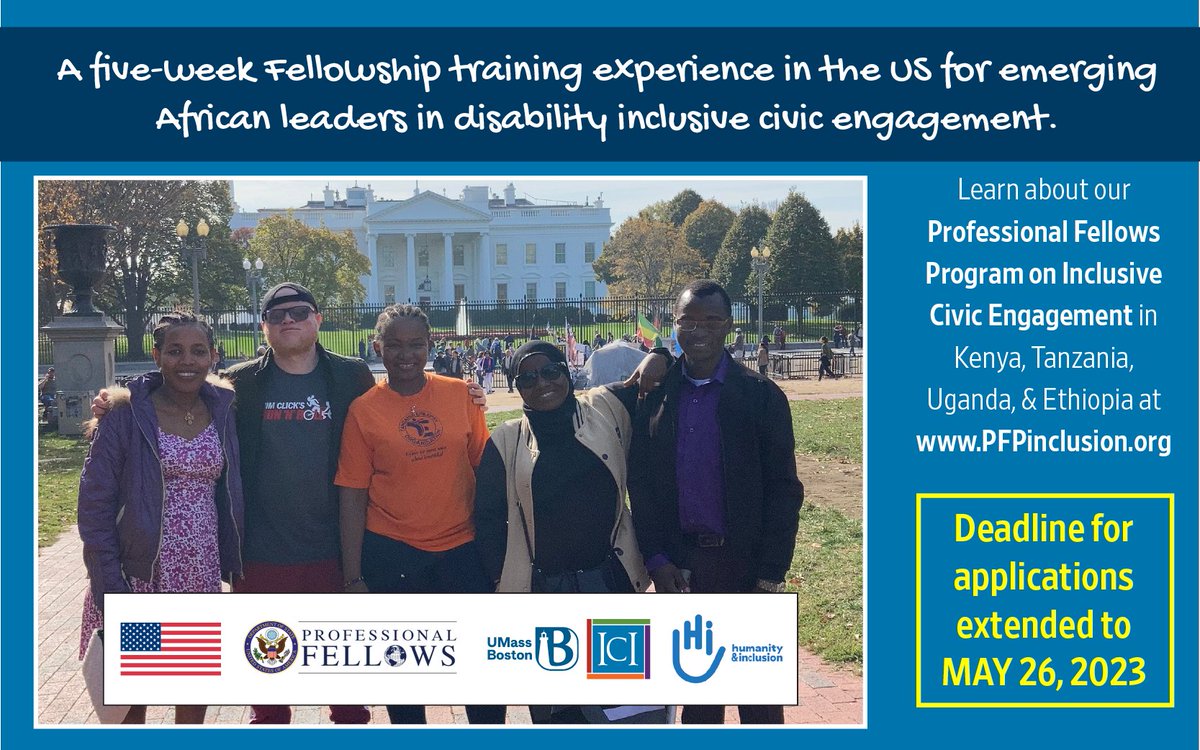 ICInclusion's tweet photo. Calling all African disability leaders interested in exchanging inclusive civic engagement practices with US colleagues in the #ProFellowsProgram! Application deadline is extended to 5/26!  https://t.co/4pl6omkVrN
#CitizenDiplomacy @ECAatState @ICInclusion @HI_EARegion https://t.co/ZOga5RUWFy