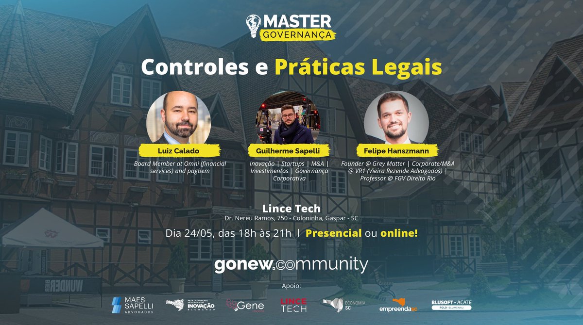 GonewCo's tweet photo. Como unir velocidade, compliance e práticas legais? 🤔

Pauta junto com Luiz Calado, Guilherme Sapelli e Felipe Hanszmann em Gaspar do Master em Governança itinerante!🏆

🗓️ 24/05, 18h às 21h
📲 Online ou presencial em Gaspar, no Lince Tech

👉 Link: https://t.co/Doc2bmqn0m https://t.co/S25XsudA9q