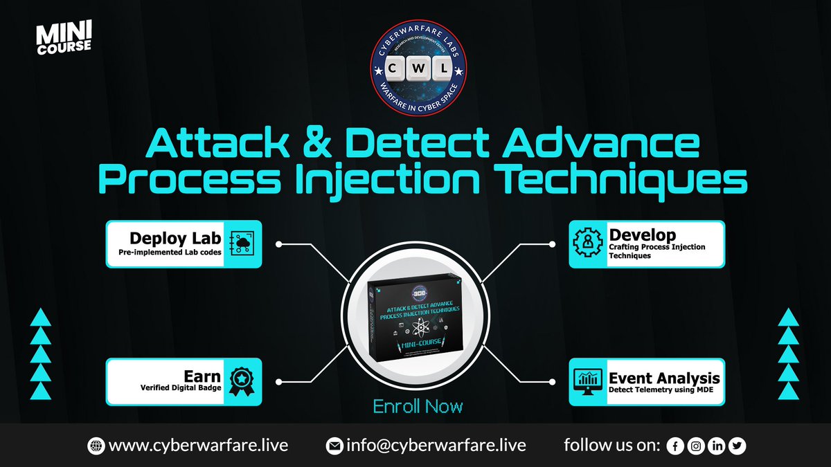 cyberwarfarelab's tweet photo. 📢 CyberWarFare Labs Mini Course 📢

Our exclusive "Attack &amp; Detect Advance Process Injection Techniques" Mini Course ⚔

🎯Enroll Today &amp; Earn Verified Digital Badge:
https://t.co/Ax2SQRYvmn
📧Email: info@cyberwarfare.live

#CWL #cyberwarfare #minicourse https://t.co/q40UN6aMto