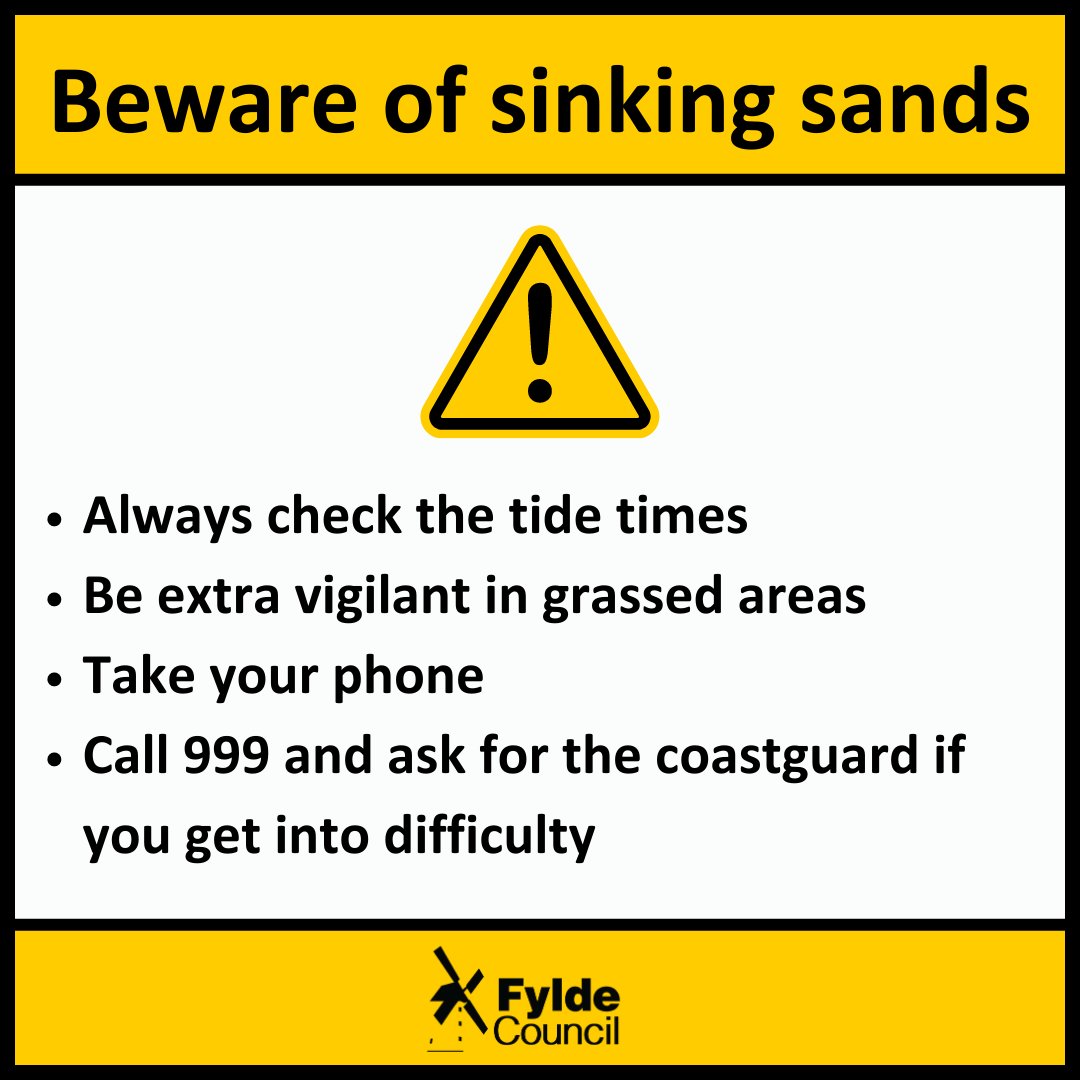 ⚠ There has recently been 2 instances of people getting stuck in sinking sands.

Be vigilant when walking on the beach especially around the grassed areas, check the tide times, &amp; carry your phone so you can call 999 if you find yourself in difficulty.