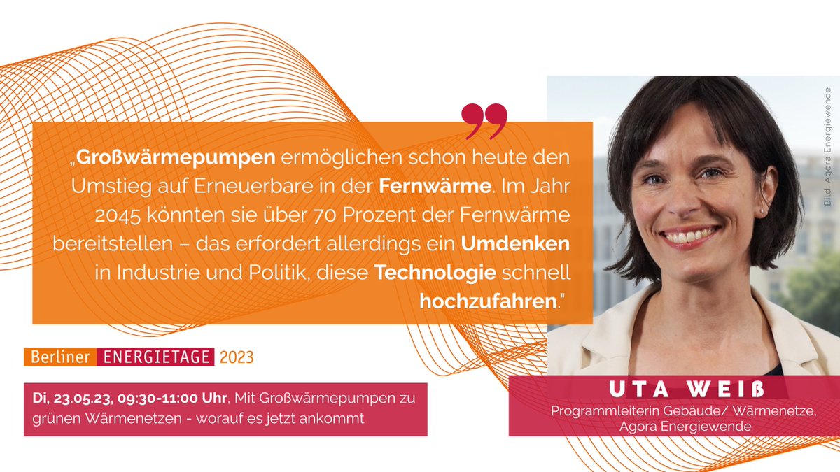 Schon zu unserem Agora Hybrid Event im Rahmen der Berliner <a href="/energietage/">#Energietage</a> 2023 angemeldet? Unser Thema: Mit #Großwärmepumpen zu grünen #Wärmenetzen – worauf es jetzt ankommt. Wann? Dienstag, 23. Mai 2023, 9:30-11:00. Hier geht’s lang: bit.ly/3McKptU