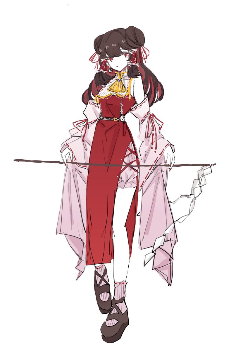 hakurei reimu 1girl solo detached sleeves gohei ascot adapted costume double bun  illustration images