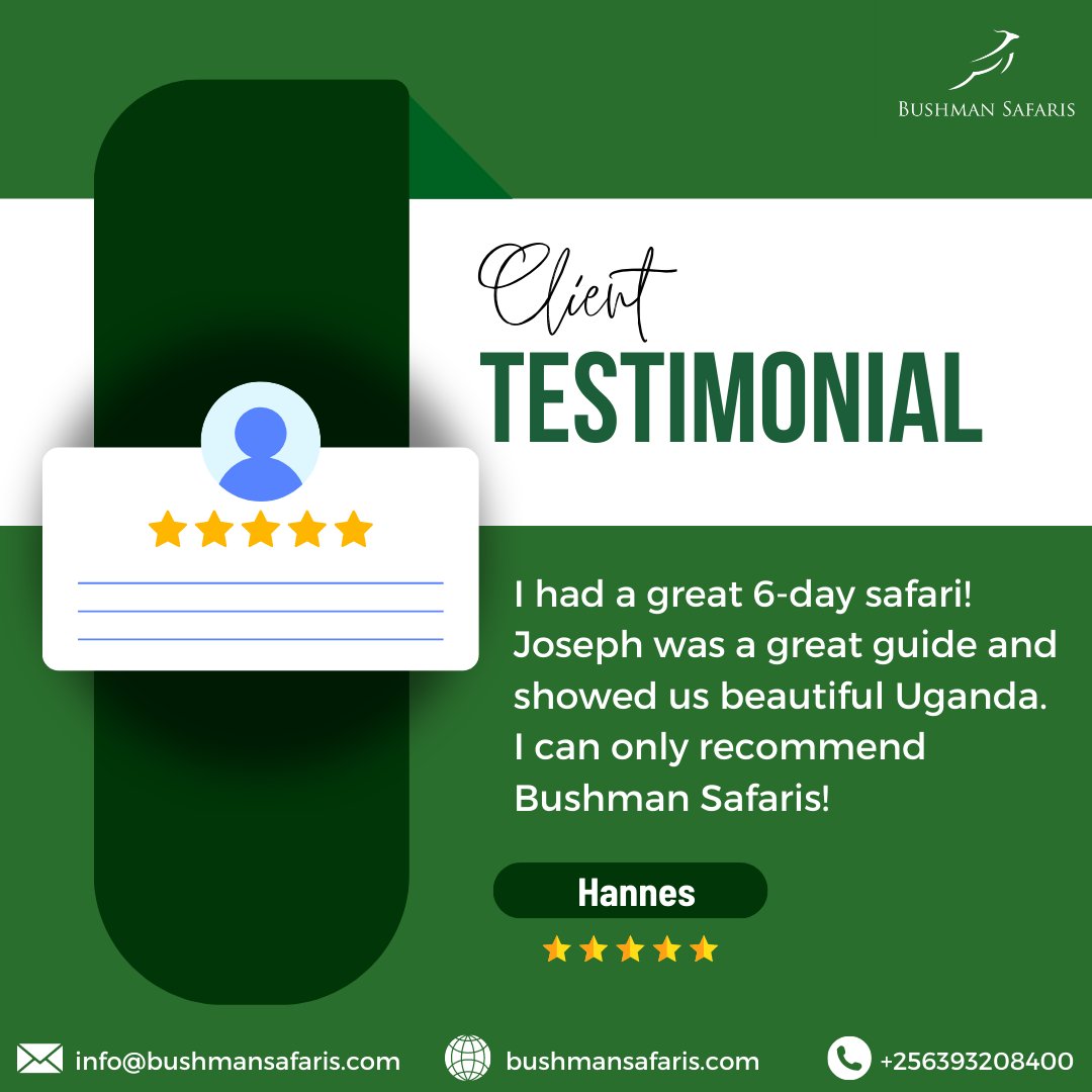 Thank you, Hannes, for your kind review.
Experience our services for yourself. Visit bushmansafaris.com

#clienttestimonial #expereince #africasafari #BushmanSafaris #ugandasafaris #wildlifesafari  #gorillatours #ugandagorillas #visitugandatomorrow #margheritapeak