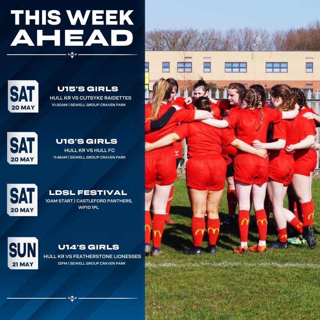 This Week Ahead📌

Three Girls teams in action, including the u14s playing a curtain raiser prior to the Women’s game on Sunday 🏉

LDSL play their second festival of 2023👏

#RobinsTogether❤️🤍