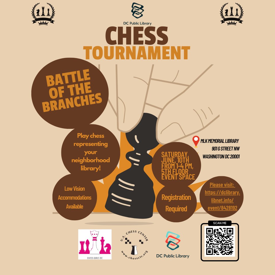 DCPL Chess Tournament ♟♜
Saturday, June 10 | 1PM-4PM

Calling all chess players! Join us for a DCPL system-wide chess showdown! Play on your neighborhood library team and compete for a chance to be crowned DCPL chess champions! 

Learn more: 
dclibrary.libnet.info/event/8428192