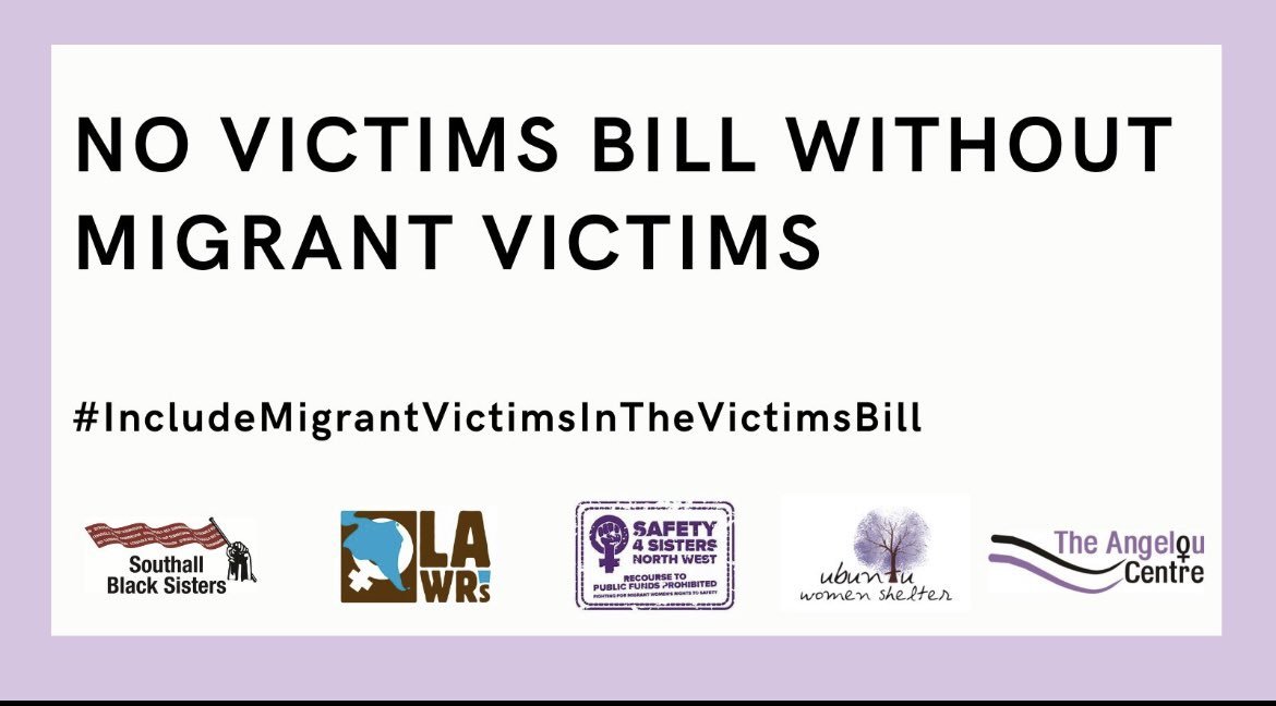 We stand with migrant women and our sisters at <a href="/SBSisters/">Southall Black Sisters</a> <a href="/SBSisters/">Southall Black Sisters</a> <a href="/lawrsuk/">Latin American Women's Rights Service - LAWRS</a> <a href="/Safety4Sisters/">Safety4Sisters</a> <a href="/AngelouCentre1/">AngelouCentre</a> and UBUNTU Women’s Shelter
#IncludeMigrantVictimsInTheVictimsBill